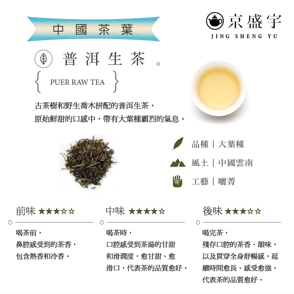 【Jing Sheng Yu 京盛宇】中國普洱生茶-50g茶葉｜鐵罐裝(中國茶葉)