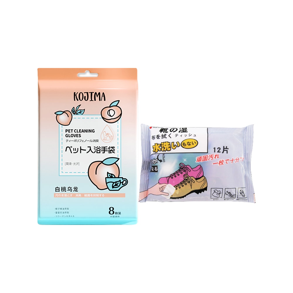 【日本KOJIMA】寵物專用SPA香氛植萃5指型濕巾手套-白桃烏龍香(橘袋)8入/袋(加贈小林百貨-鞋靴清潔濕紙巾12入包裝*1包)