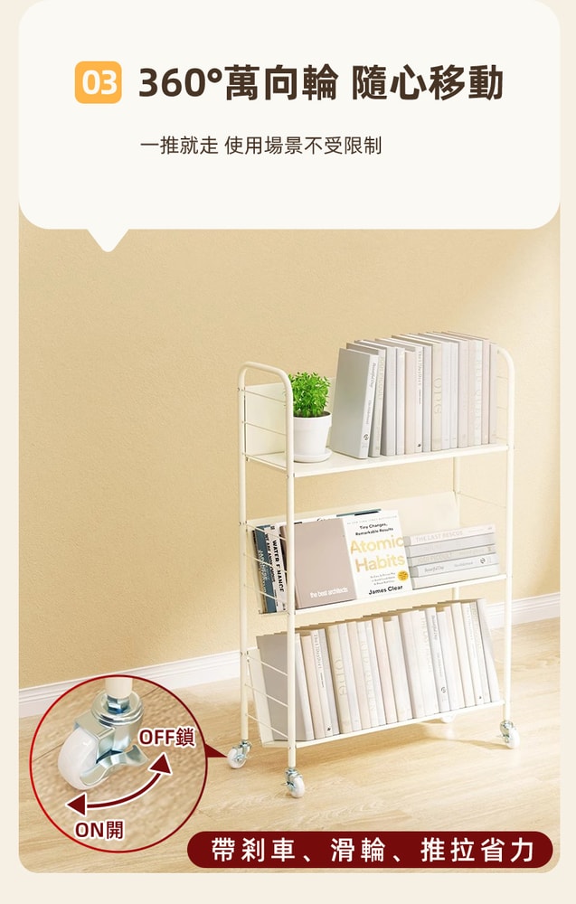 【慢慢家居】升級層板-奶油風超穩固可移動鐵藝書架(文件推車 兒童書架 移動書櫃 置物架)