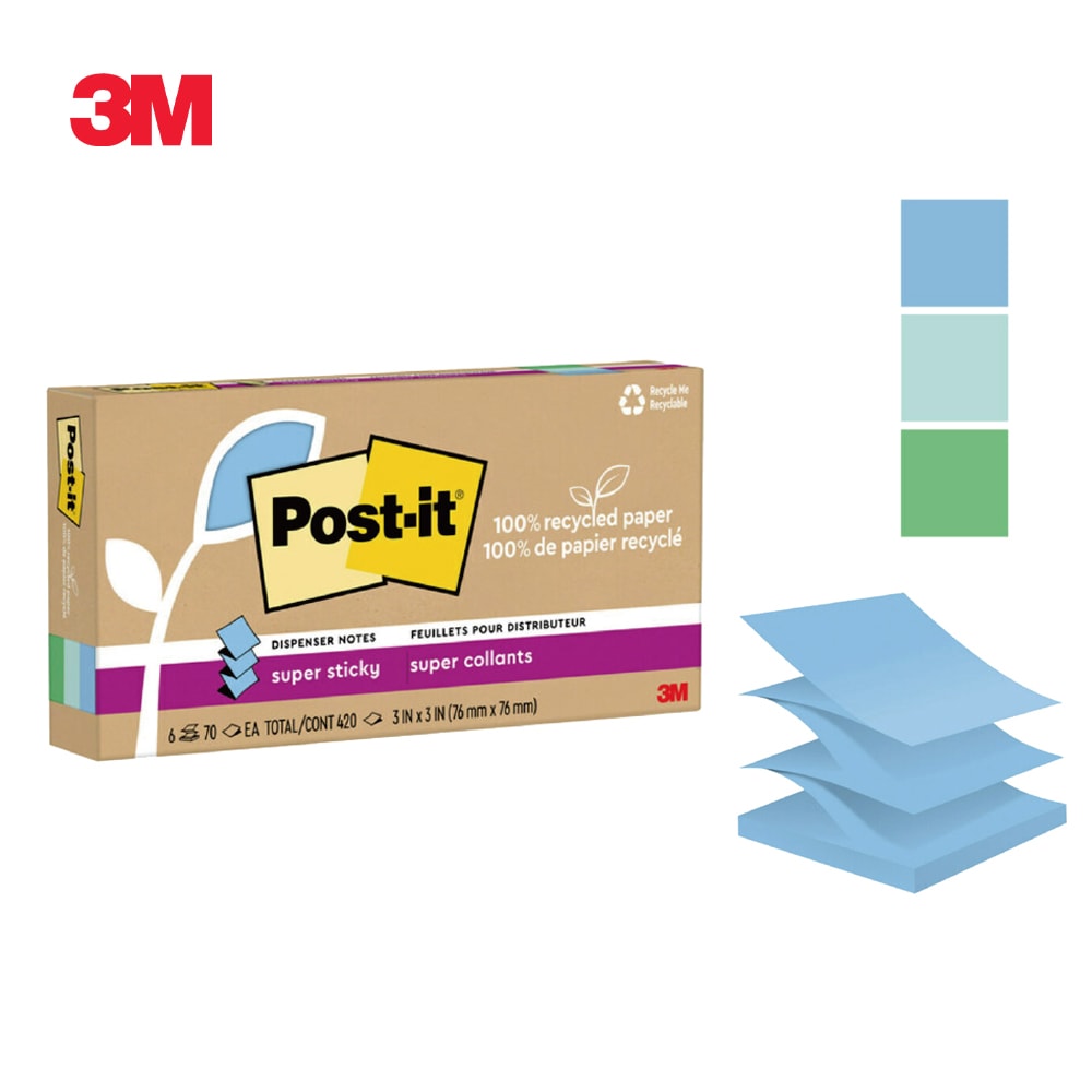 【3M】利貼狠黏100%環保再生紙-3x3抽取式便條紙(70張x6本)－三色任選(粉嫩色系/藍綠色系/黃色)