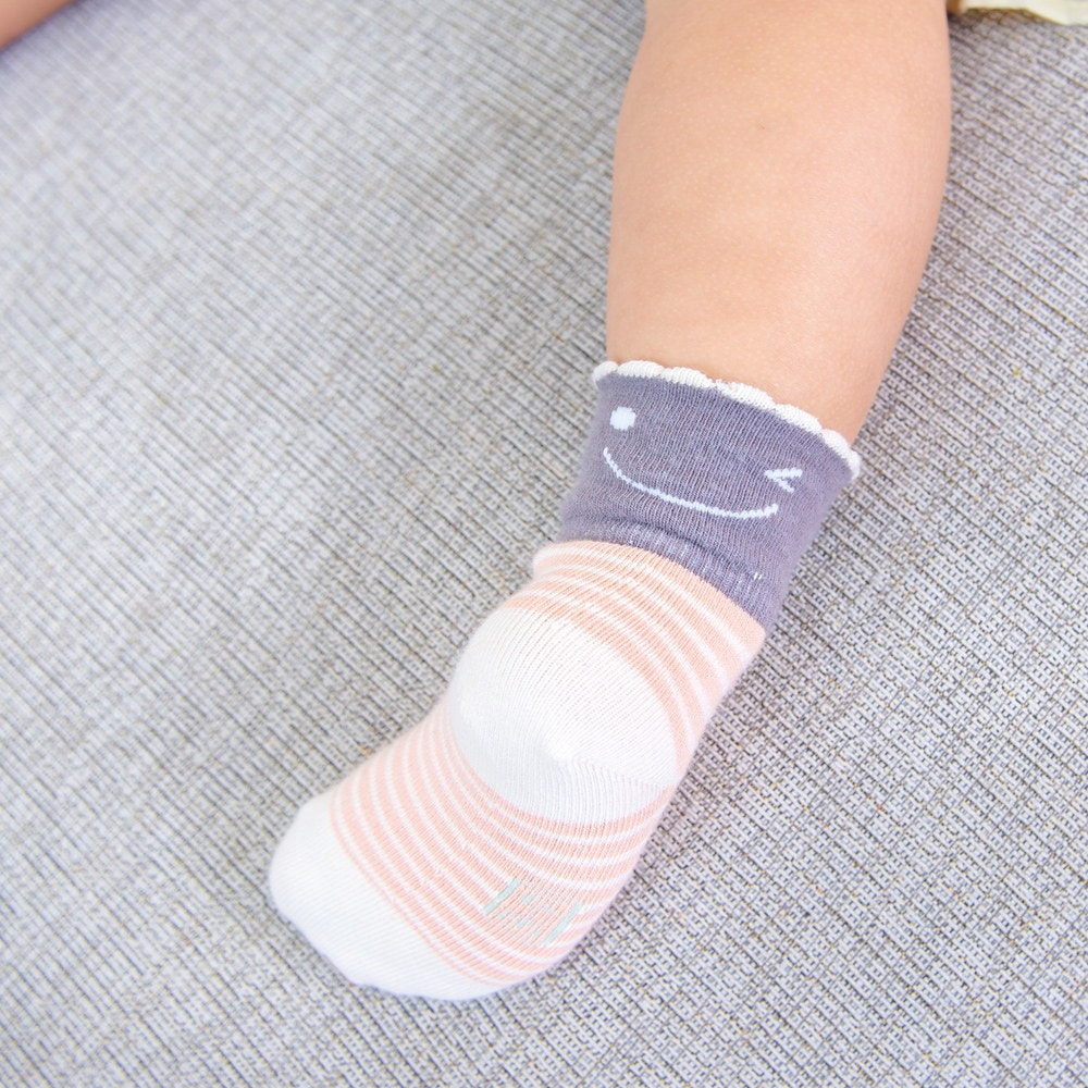 【SNUG】棉質兒童除臭襪子 2雙組 - 橫紋粉橘-(健康機能止滑棉襪台灣製)