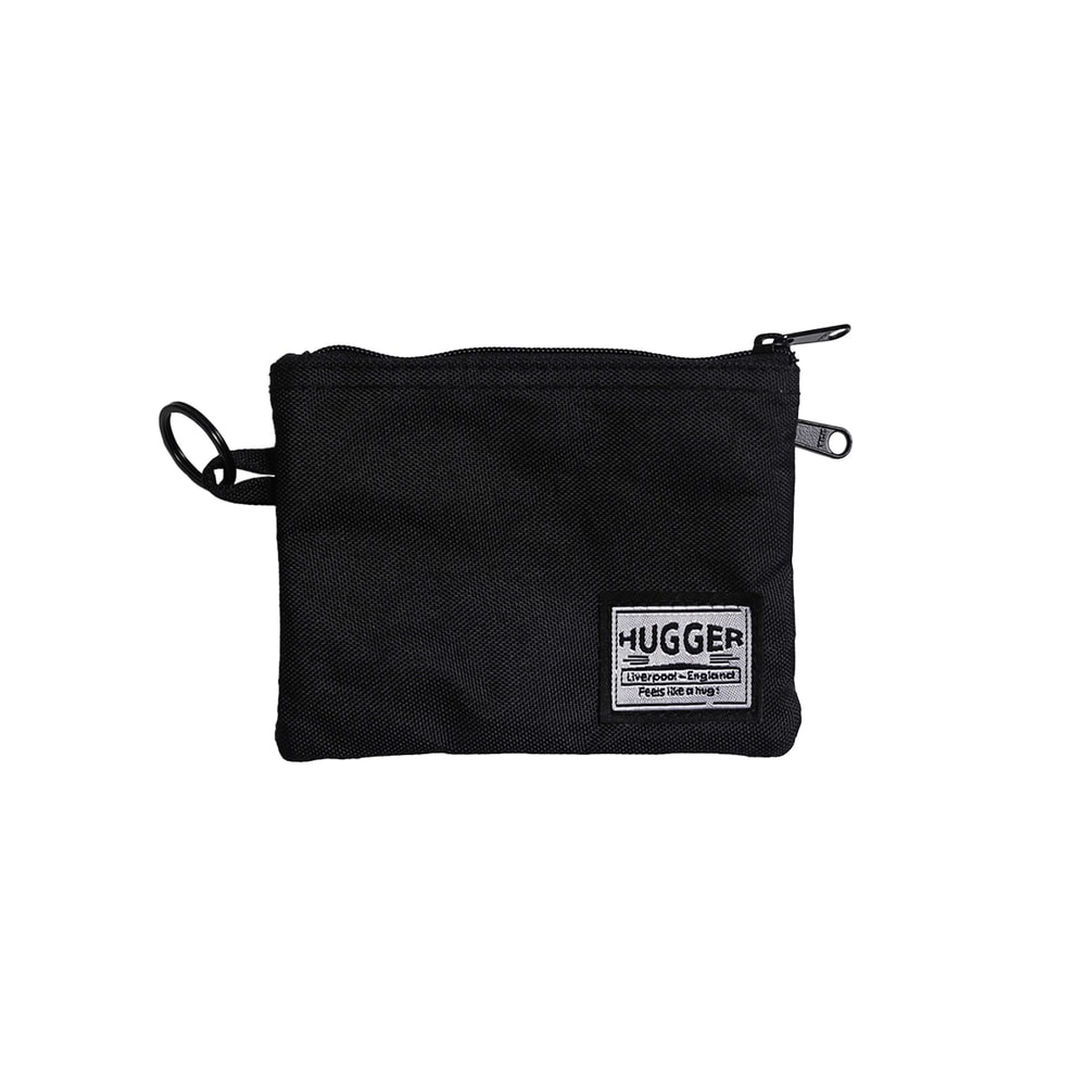 【HUGGER】卡片零錢包 黑色(大開口分層拉鏈萬用收納掛繩皮夾)