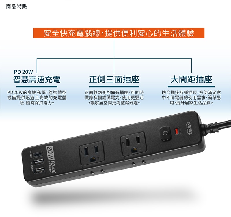 【太星電工】速充寶PD20W一開六插快充電腦線/2P+3P 4尺 OSA61304