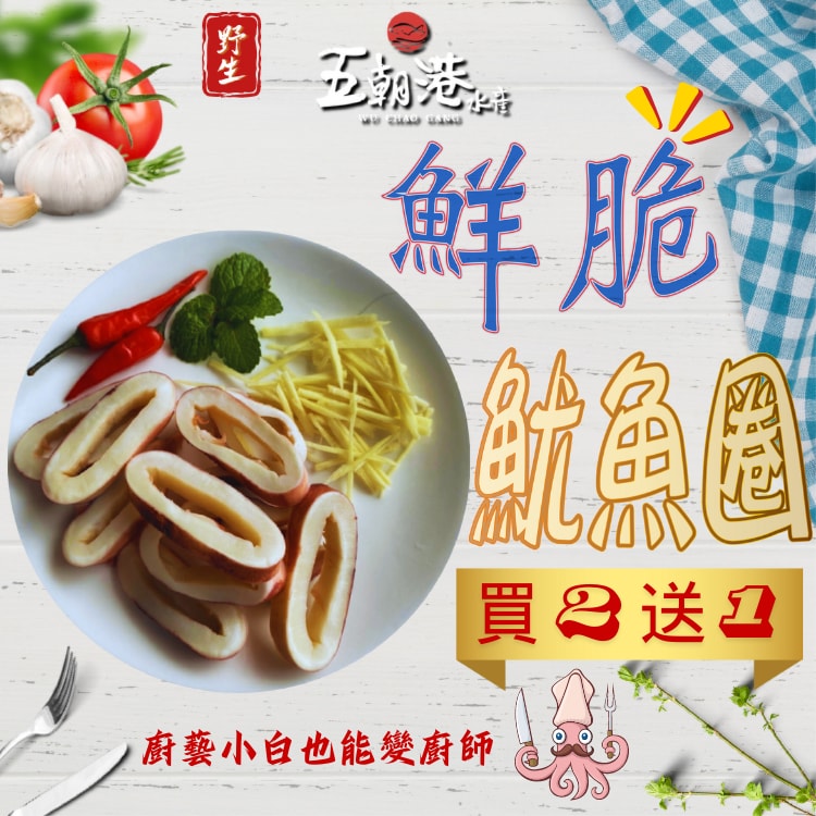 【五朝港水產】鮮脆魷魚圈3包組,(500克±10%/包)