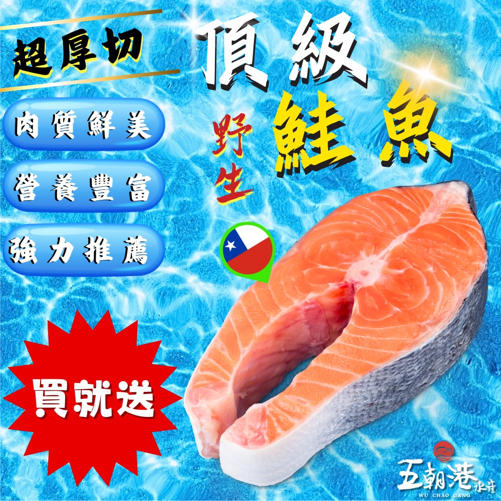 【五朝港水產】野生超厚切頂級鮭魚(單片400克±10%)超厚切-5片包裝 送 (單片320克±10%) x 頂級鮭魚-5片包裝