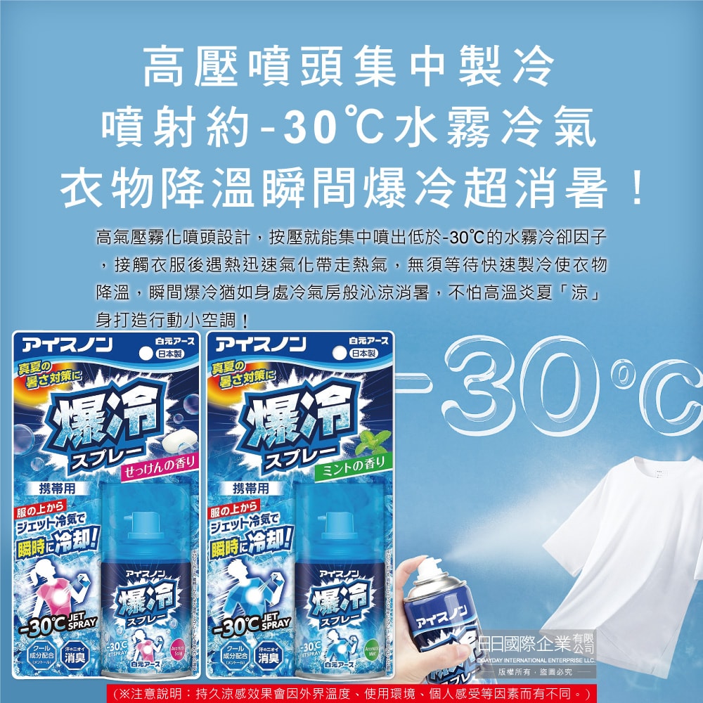 【日本 Hakugen 白元】夏日消暑汗味消臭瞬冷約-30℃衣物涼感噴霧95ml/藍罐