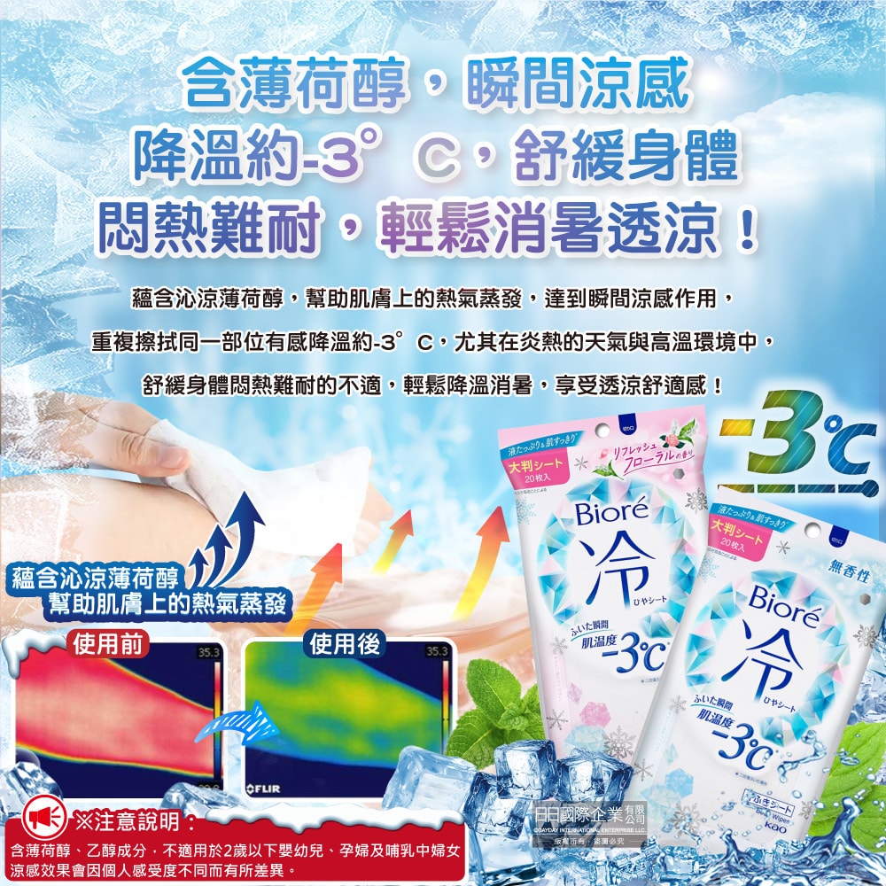 【日本花王KAO】Biore蜜妮瞬間涼感約-3°C身體用清潔濕巾20抽/包(去油光髒污濕紙巾,沁涼降溫紙巾,純棉潔膚巾隨身包,夏日消暑出遊必備)
