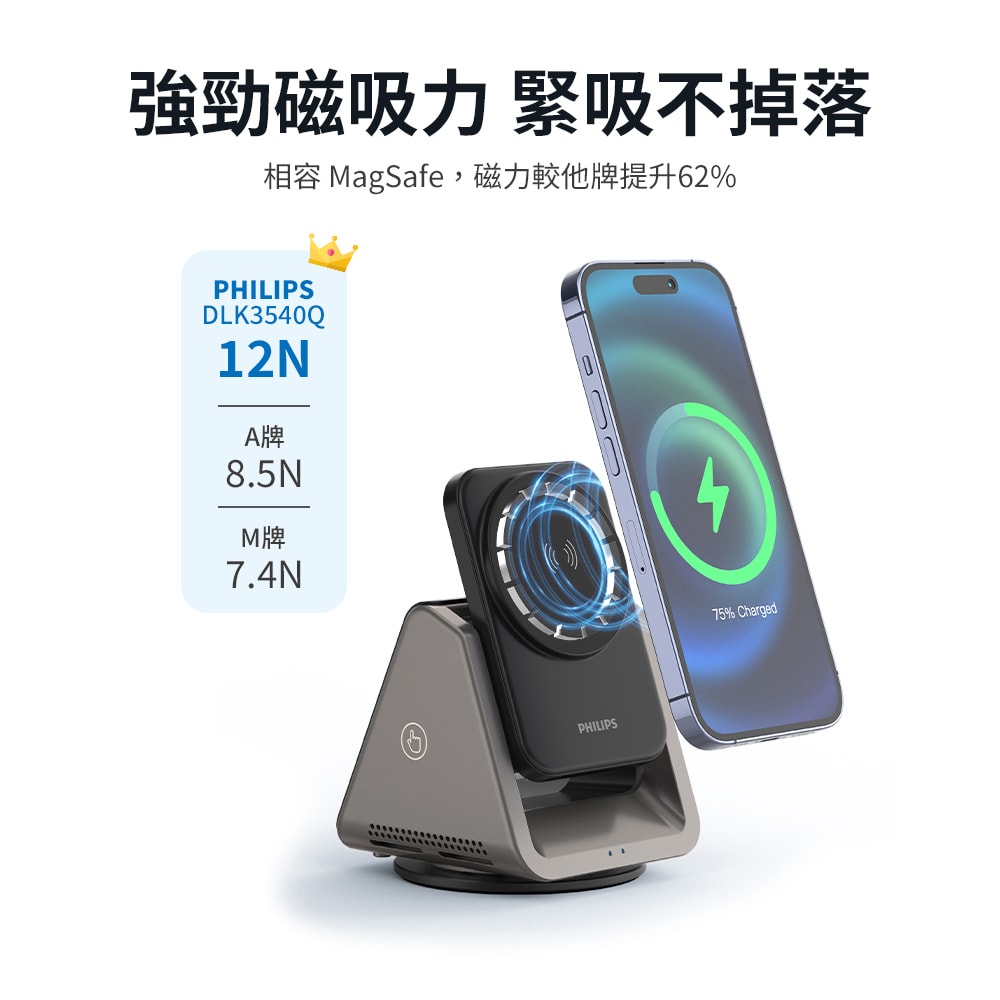 【Philips 飛利浦】黑金剛 15W三合一 磁吸無線充電座(DLK3540Q)