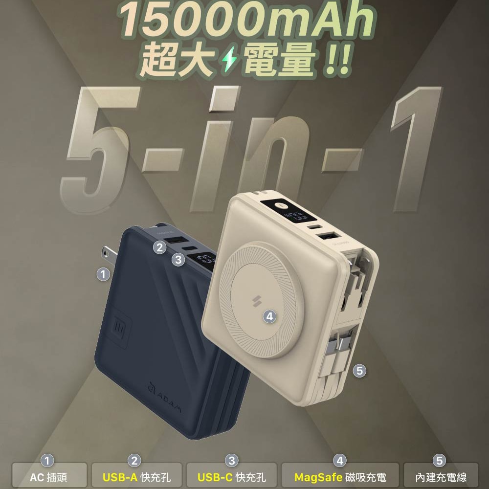 【ADAM 亞果元素】GRAVITY X5 USB-C & Lightning 五合一萬用磁吸行動電源 15000mAh