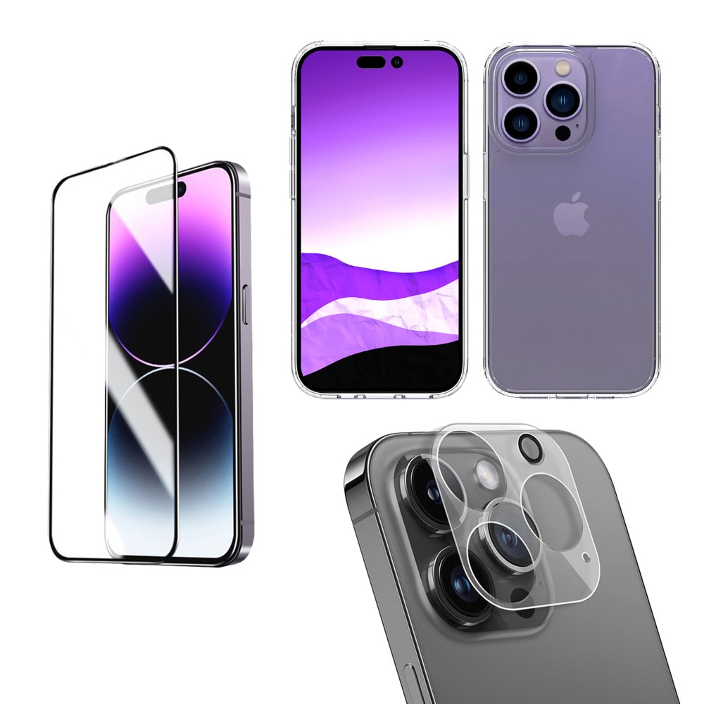 【Apple】iPhone 14 Pro Max 全機保護三件組 (空壓保護殼+玻璃保護貼+鏡頭貼)