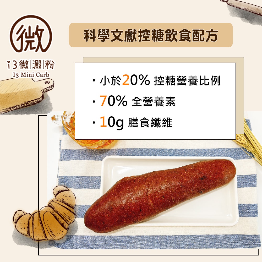 【i3微澱粉】控醣好纖手工巧克力軟法麵包160gx3條(271控糖配方 麵包 營養師)(7個工作天出貨)