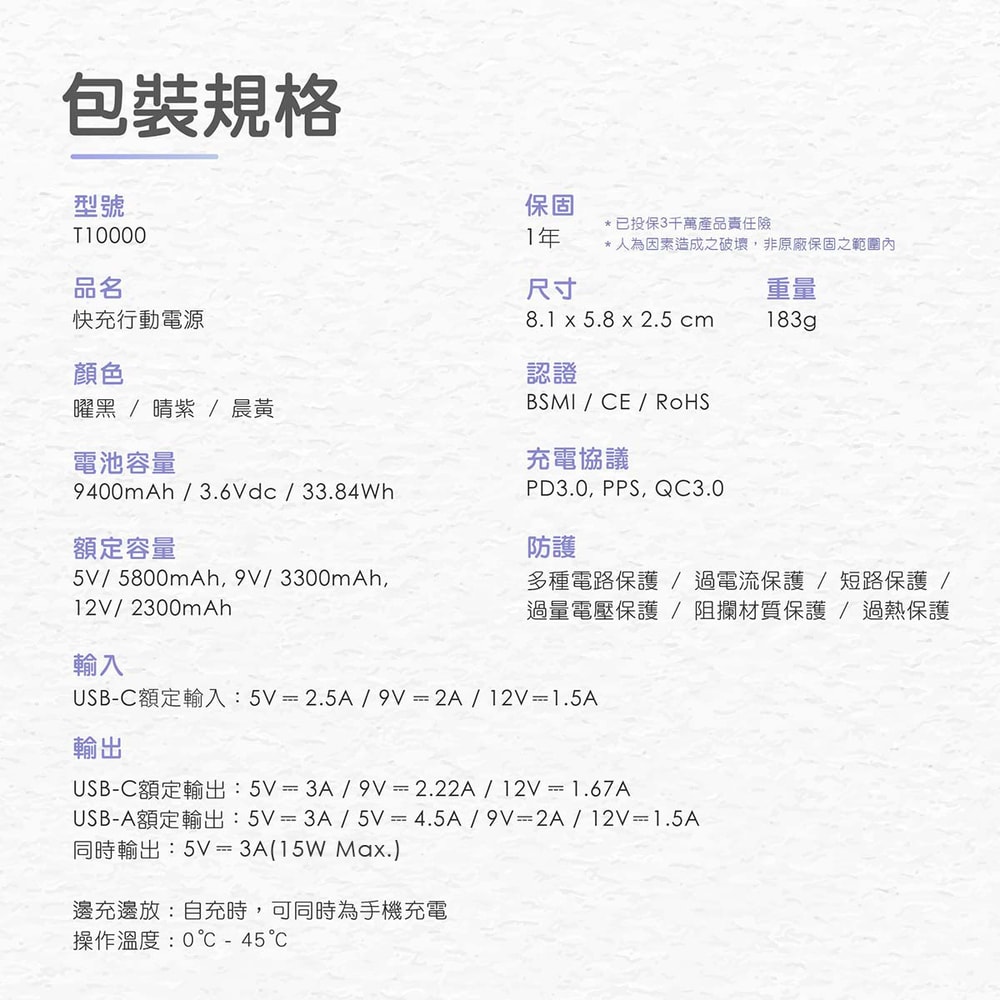 【TOTOLINK】大容量9400mAh快充行動電源(T10000)/PD20W超快充