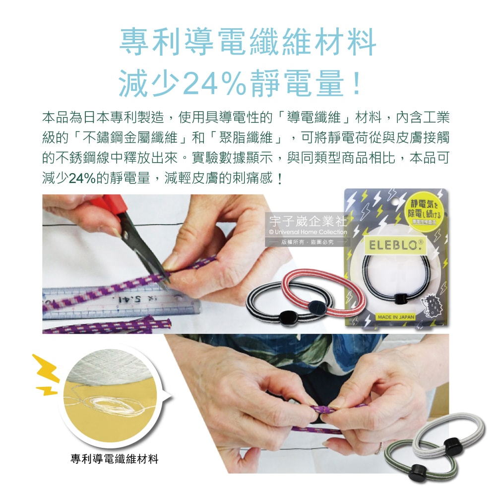 【日本ELEBLO】頂級條紋編織防靜電手環(L號20cm)1入/盒(急速除靜電手腕帶,日常穿搭造型配件)