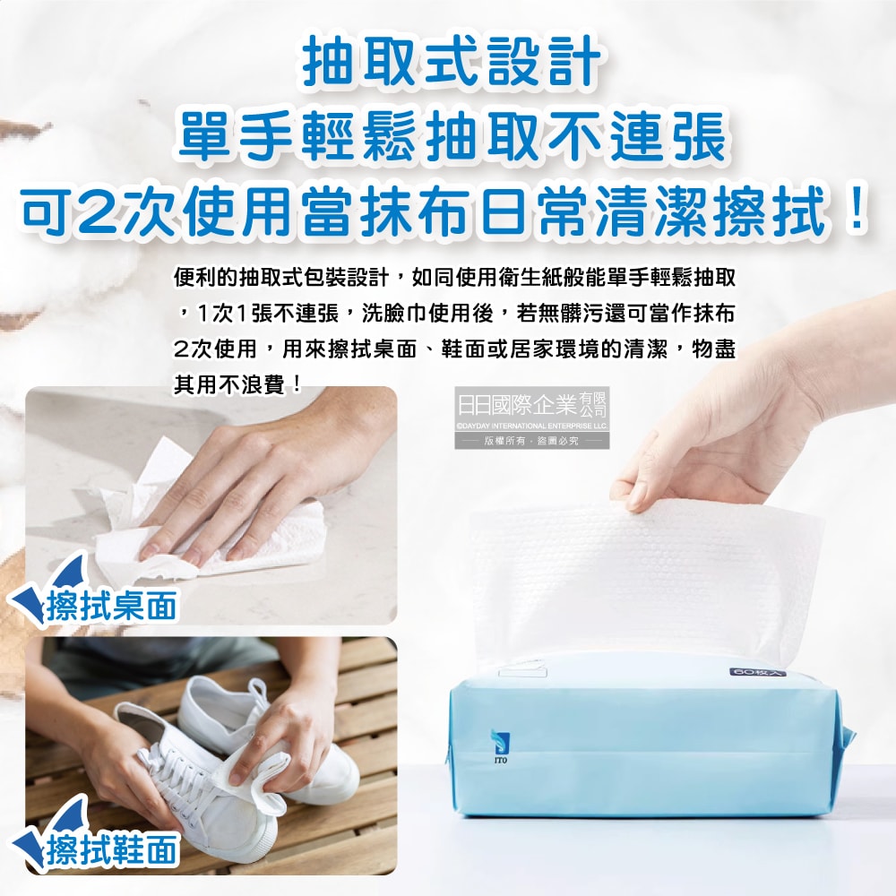 【日本艾特柔】乾濕兩用雙面紋理潔面淨膚拋棄式洗臉巾60入/包(潔顏卸妝棉巾,免洗毛巾,抽取式擦手巾,萬用抹布,旅行露營盥洗沐浴巾)