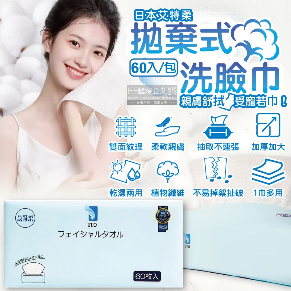 【日本艾特柔】乾濕兩用雙面紋理潔面淨膚拋棄式洗臉巾60入/包(潔顏卸妝棉巾,免洗毛巾,抽取式擦手巾,萬用抹布,旅行露營盥洗沐浴巾)