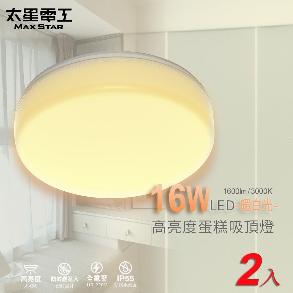 【太星電工】LED高亮度蛋糕吸頂燈16W/(白光/自然光/黃光) WHB916