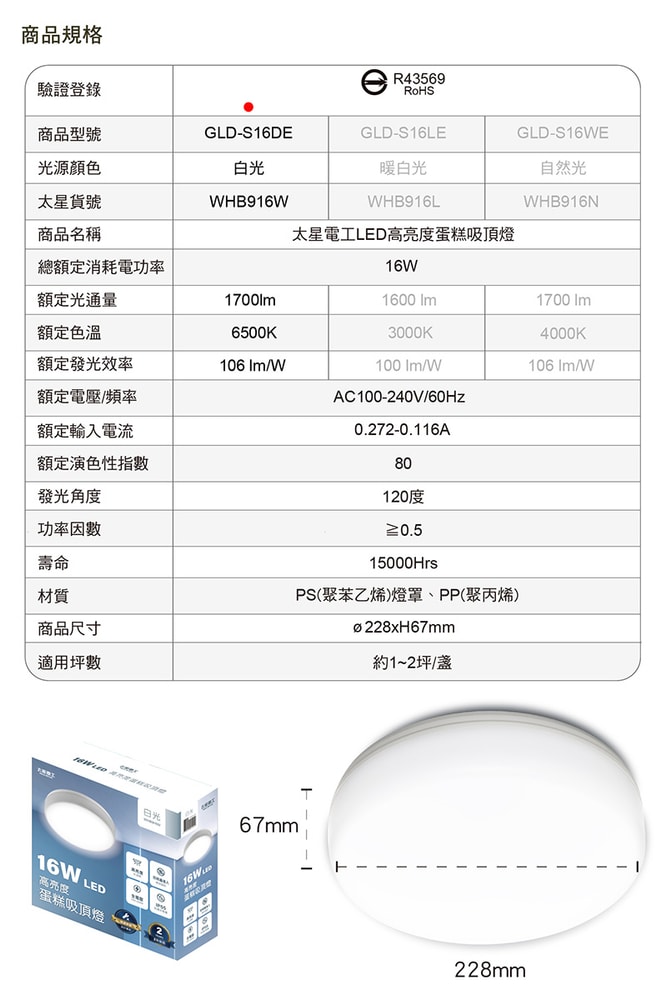 【太星電工】LED高亮度蛋糕吸頂燈16W/(白光/自然光/黃光) WHB916