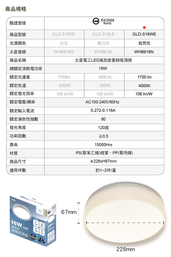 【太星電工】LED高亮度蛋糕吸頂燈16W/(白光/自然光/黃光) WHB916