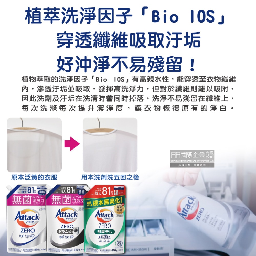 【日本花王KAO】Attack ZERO極淨超濃縮洗衣精補充包810g/袋(最高清潔力Bio IOS洗淨因子,衣物除臭香氛,直立式/滾筒式/室內晾曬消臭)