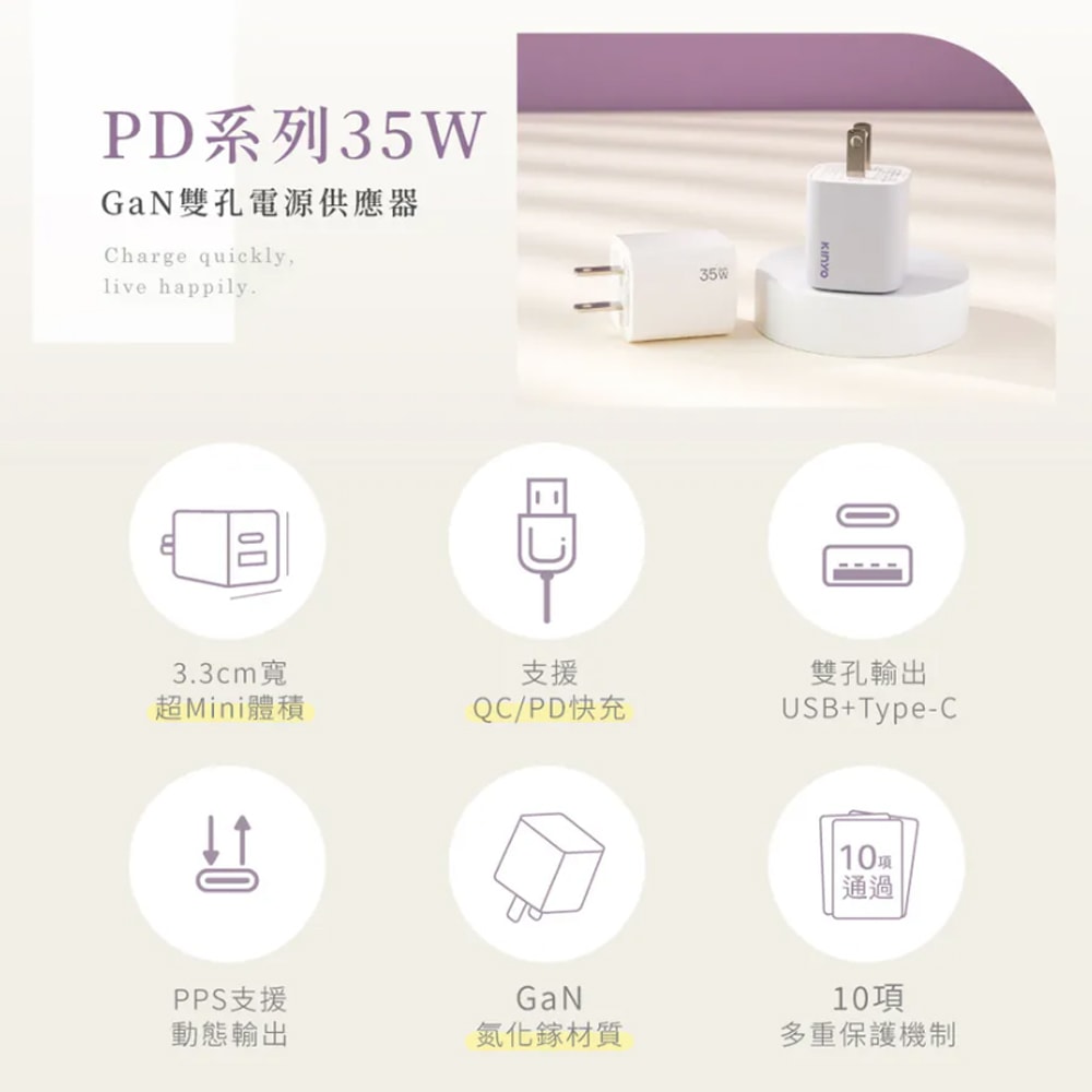 【KINYO】35W氮化鎵迷你充電器/快充豆腐頭(PDCB-135)筆電快充/USB-A/Type-C-二入組