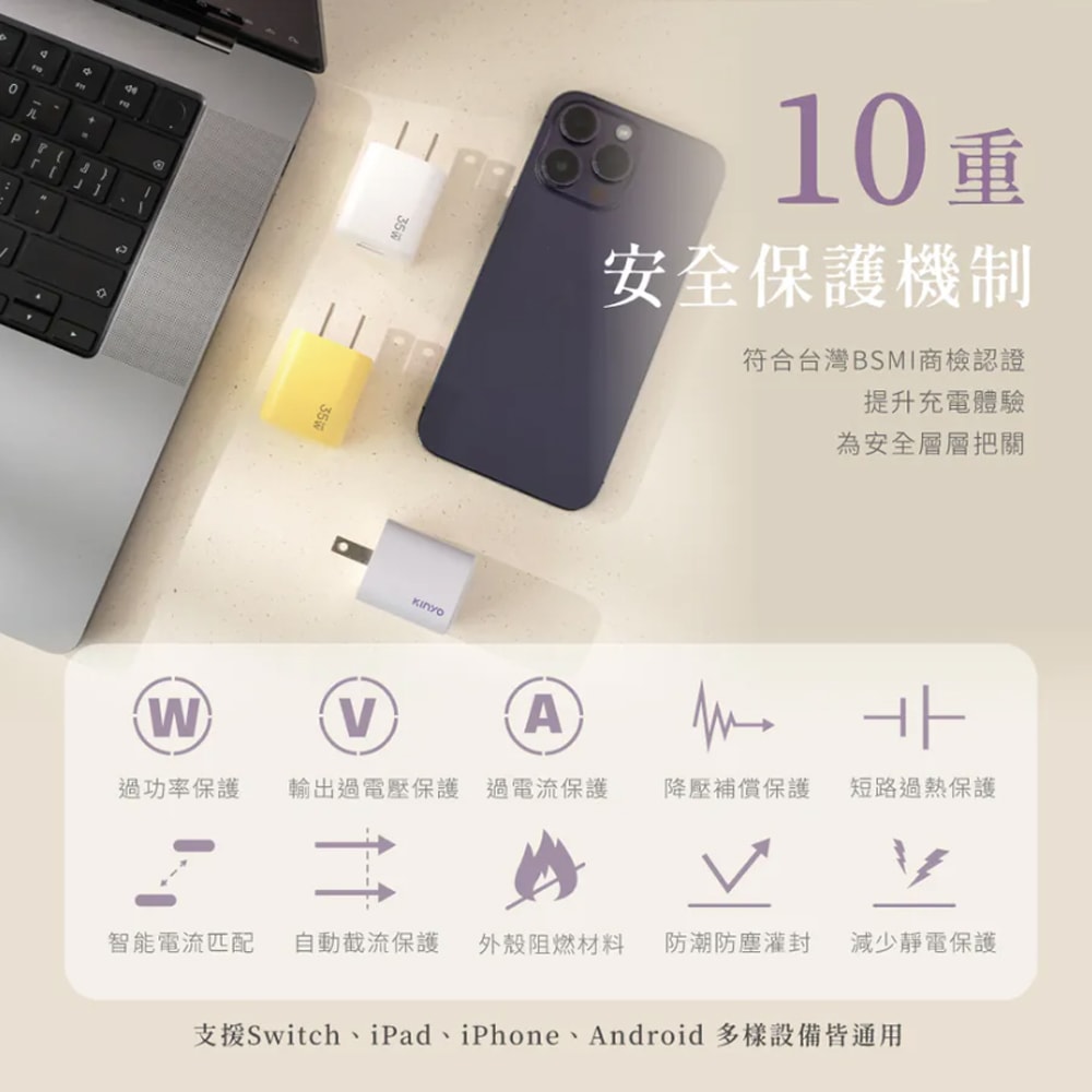 【KINYO】35W氮化鎵迷你充電器/快充豆腐頭(PDCB-135)筆電快充/USB-A/Type-C-二入組