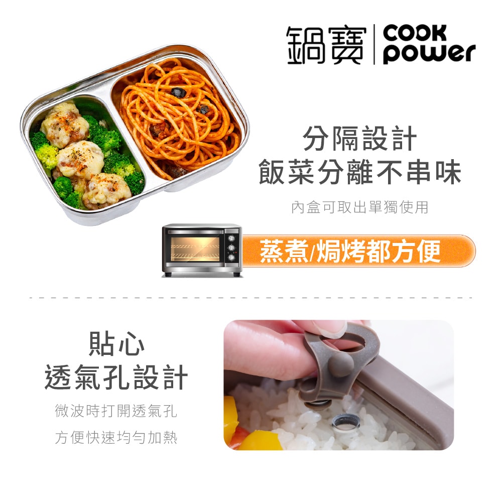 【CookPower 鍋寶】匠造系列_可微波強化玻璃蓋雙格雙格不鏽鋼保鮮盒900ml二入組
