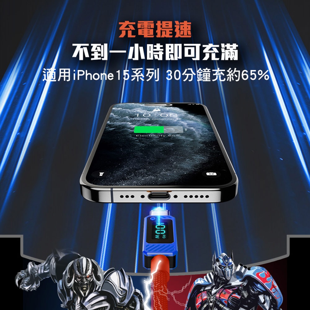 【變形金剛】TRANSFORMERS 博派鋅合金TypeC 100W數位顯示高速充電線200cm(TF-A18)