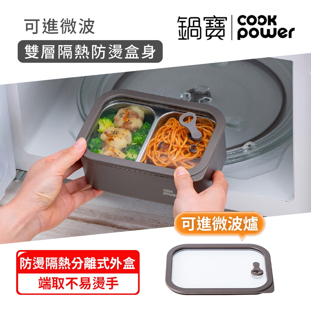 【CookPower 鍋寶】匠造系列_可微波強化玻璃蓋雙格雙格不鏽鋼保鮮盒900ml二入組