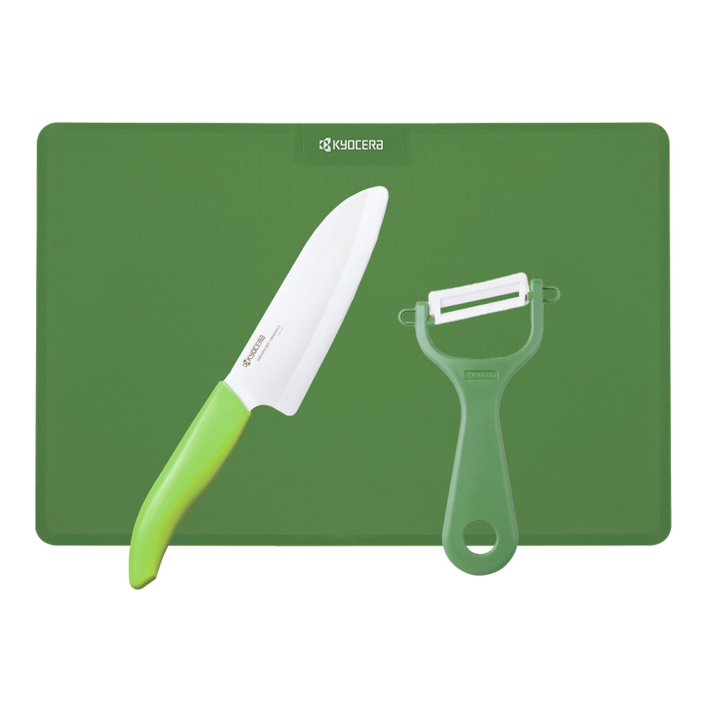 【KYOCERA 京瓷】日本京瓷 廚房超值三件組(陶瓷刀14cm/削皮器/砧板)(原廠總代理)
