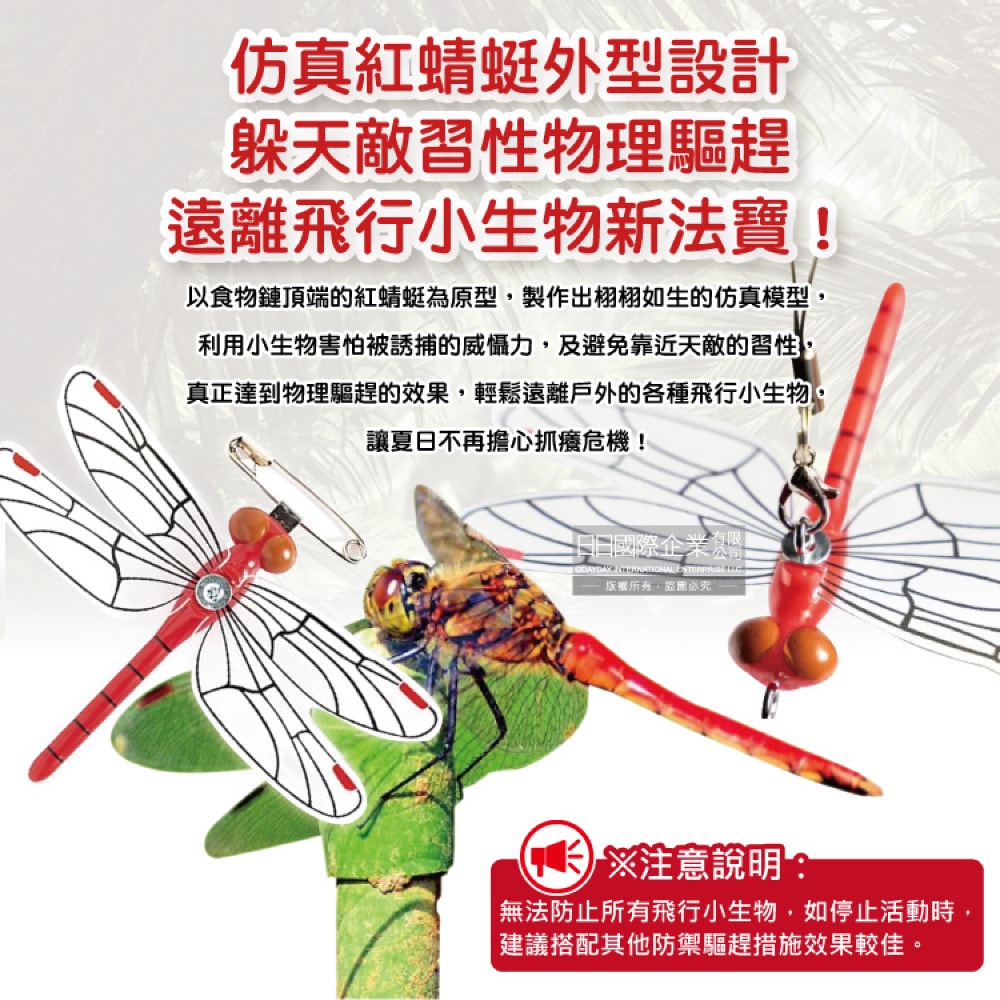 【日本Eikyu】佩戴式物理驅趕輔助仿真模型小紅蜻蜓妹飾品1入/橘盒-別針款(戶外露營釣魚配件,爬山運動飛行小生物防範,便攜蜻蜓造型胸針)
