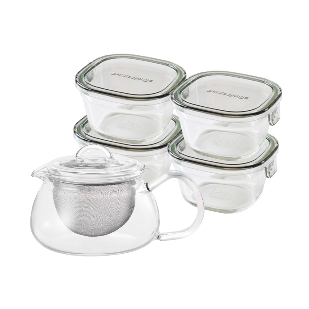 【iwaki】日本玻璃麗茶急須茶壺+4入200ml玻璃微波盒-5入組(原廠總代理)