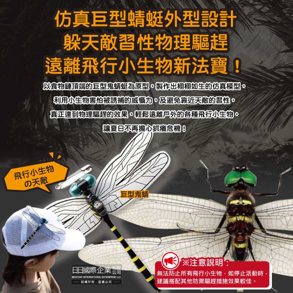【日本Eikyu】佩戴式物理驅趕輔助仿真模型大蜻蜓君飾品1入/藍盒-別針款(戶外露營釣魚配件,爬山運動飛行小生物防範,便攜鬼蜻蜓造型胸針)