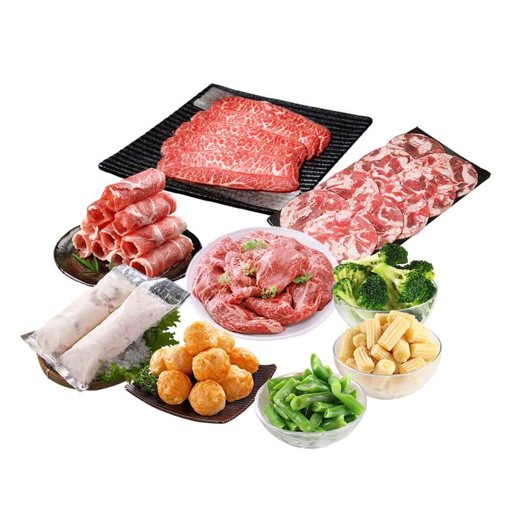 【鮮食堂】小資享吃火鍋10件組(牛肉片/羊肉片/梅花豬/花枝漿/蝦仁漿/花枝丸/玉米筍/青花菜/四季豆)