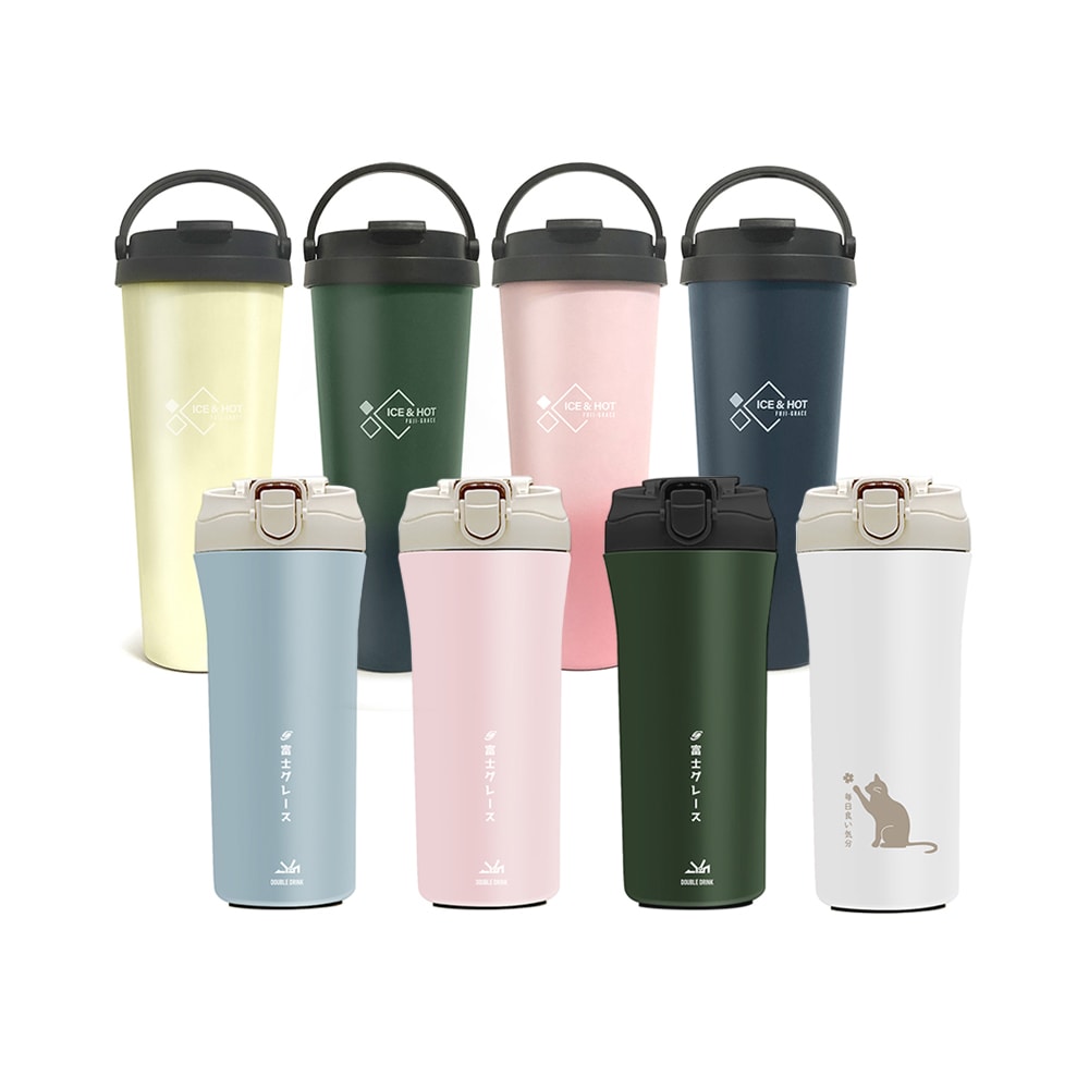 【FUJI-GRACE 日本富士雅麗】雙重陶瓷噴層保溫杯組｜吸管直飲雙飲杯600ml x2+ 手提咖啡杯700ml x2 (4入杯瓶/組)