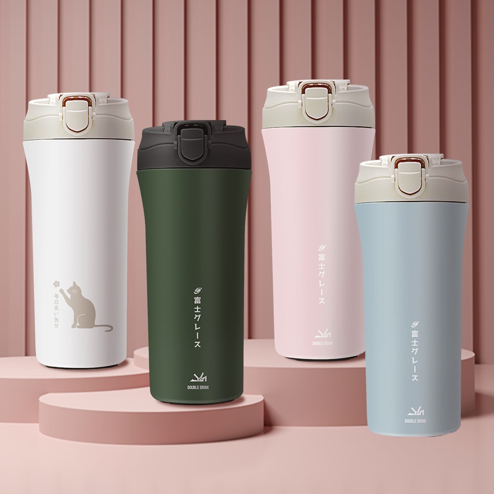 【FUJI-GRACE 日本富士雅麗】雙重陶瓷噴層保溫杯組｜吸管直飲雙飲杯600ml x2+ 手提咖啡杯700ml x2 (4入杯瓶/組)