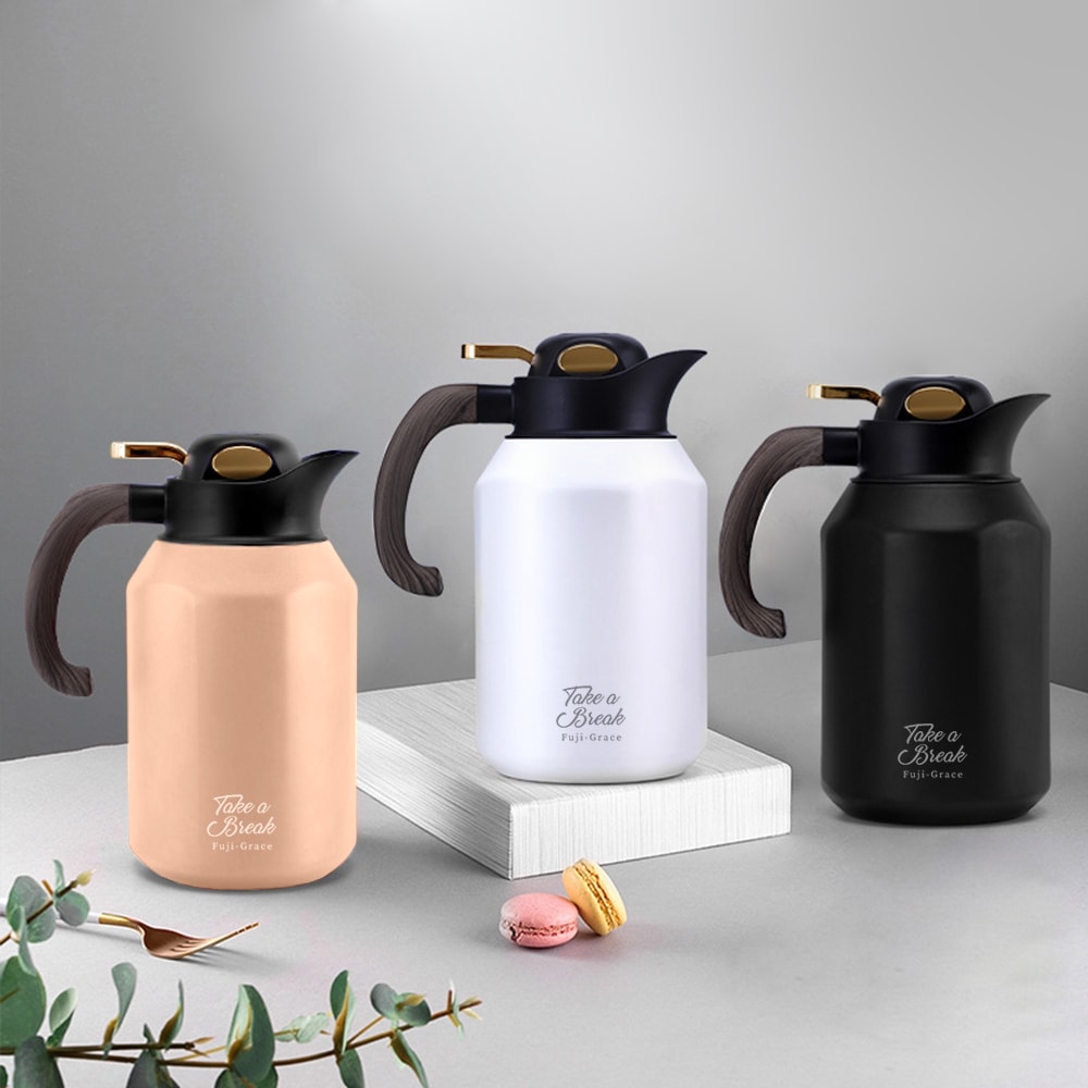 【FUJI-GRACE 日本富士雅麗】1壺2杯保溫暖心組｜316不鏽鋼快開咖啡保溫壺1700ml x1 + 陶瓷塗層蛋型杯350ml x2 (3件/組)