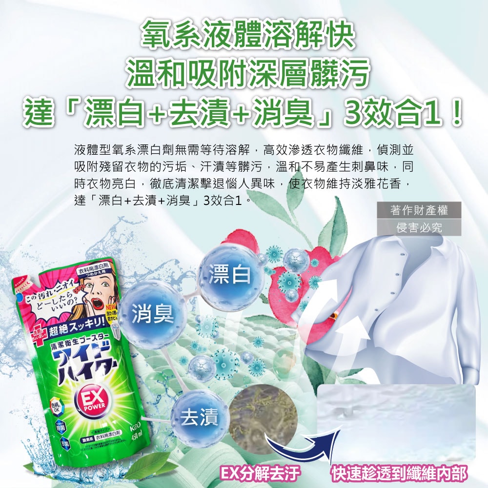 【日本花王KAO】EX Power彩色衣物護色去漬氧系濃縮漂白劑補充包450ml/綠袋(印花彩衣白衣適用,洗衣槽防霉,增白去黃衣物彩漂液,衣領袖口局部去污)