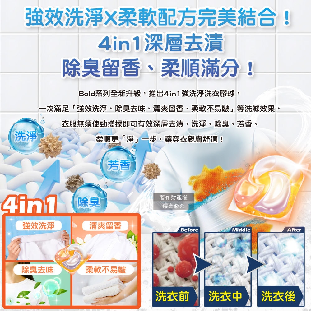 【P&G】Bold強洗淨4合1消臭柔軟香氛洗衣凝膠球88顆/袋(家庭號補充包,防皺好熨燙柔順洗衣球,筒槽防霉洗衣膠囊,直立/滾筒式洗衣機皆適用)