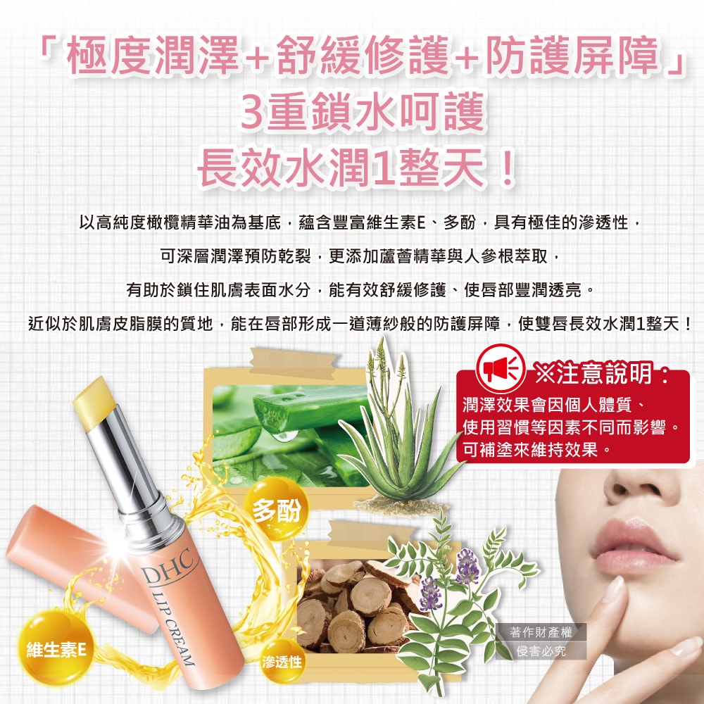 【DHC】橄欖油植萃精華滋潤修護舒緩乾裂彈嫩潤澤護唇膏1.5g/盒(無香料色素,護唇精華,晚安唇膜,唇部肌膚保養品,妝前打底潤唇膏)