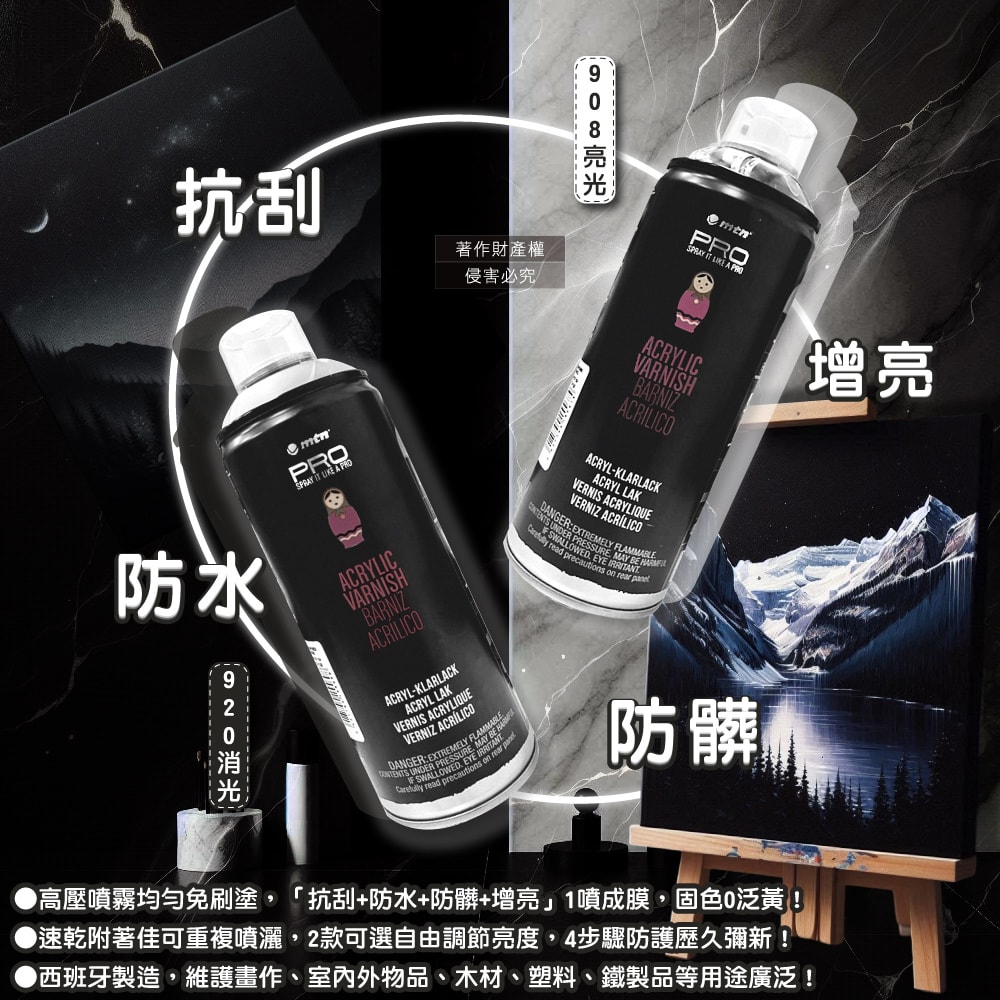 【西班牙mtn蒙大拿】PRO萬用壓克力凡尼斯透明噴式保護漆400ml/罐(抗刮防水固色清漆,戶外用品修繕塗料,手工藝品增亮輔助劑,繪畫完稿定著噴膠)