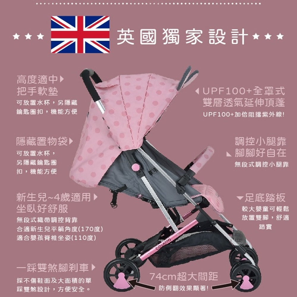 【HTGC】粉兔兔鋁合金嬰兒車(單手秒收/鋁合金車架/單腳剎車/170度平躺)嬰兒車/推車/手推車/娃娃車/多功能推車