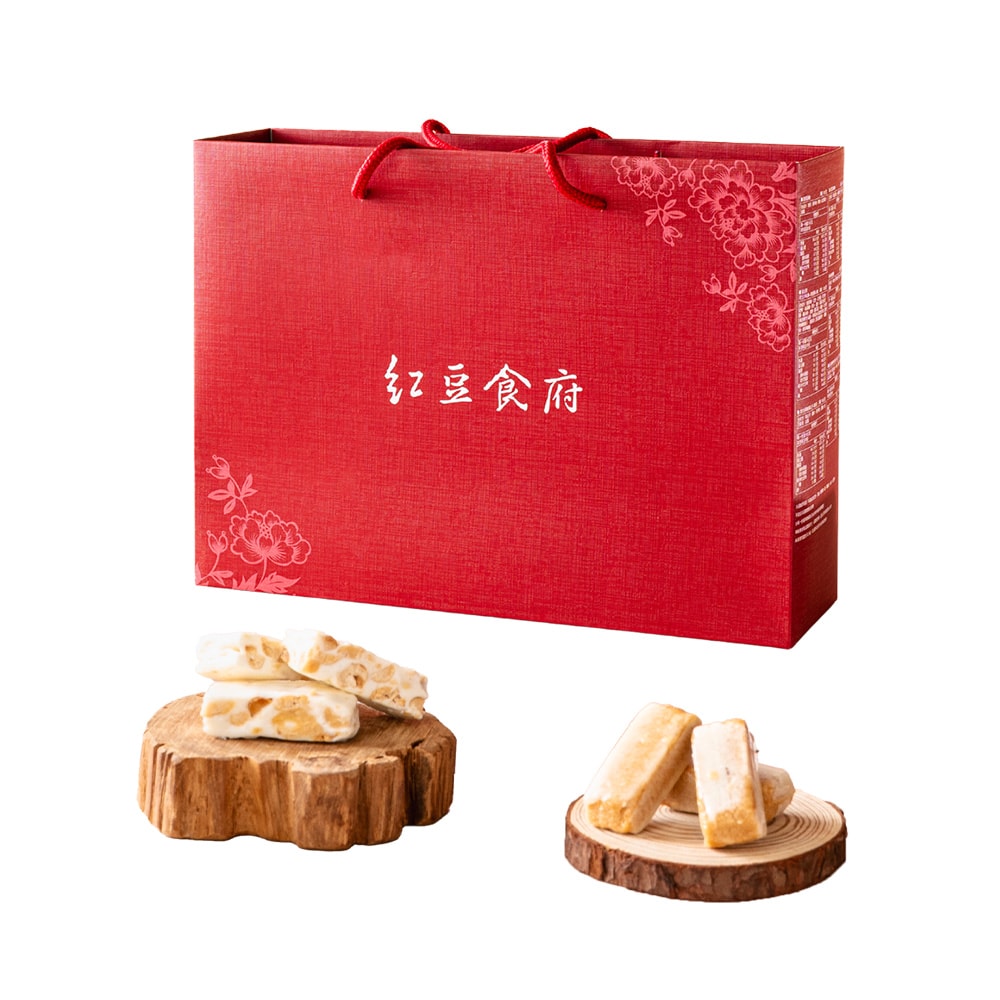 【紅豆食府】團圓伴手禮盒(娃娃酥心糖x1+花生牛軋糖x2)大方禮盒-附提袋(過年/禮盒/送禮)