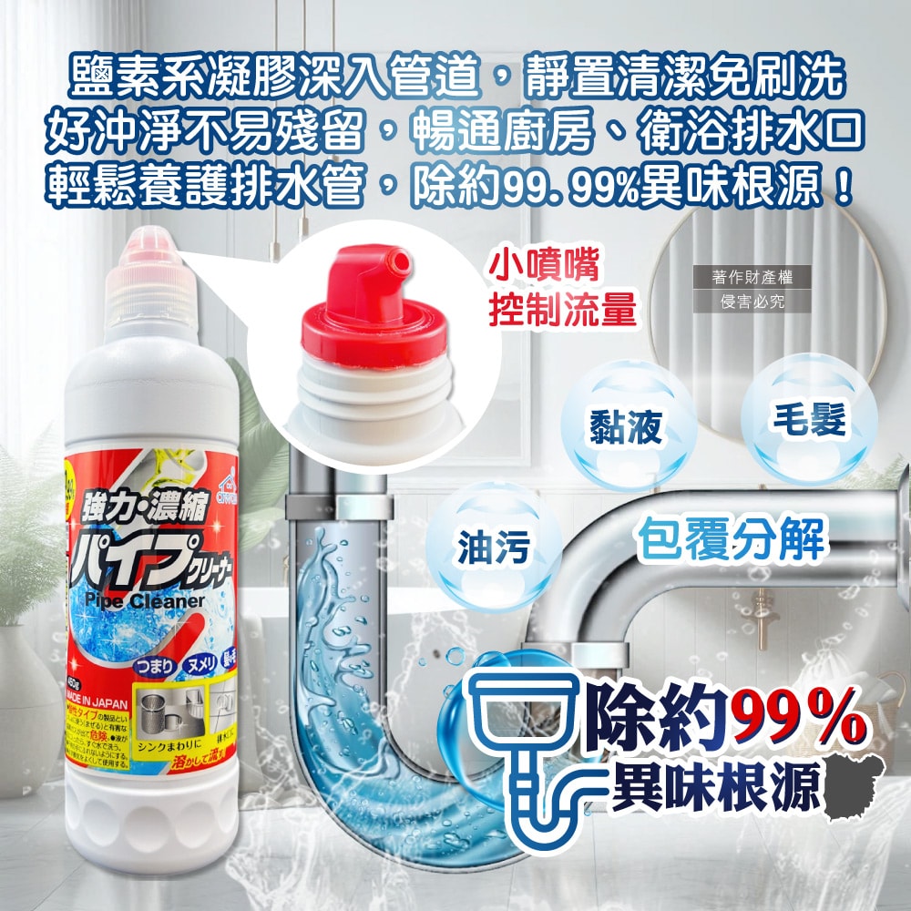 【ROCKET SOAP 火箭石鹼】AWAS排水管去油污消臭濃縮凝膠清潔劑450g/瓶(鹽素系廚房衛浴水槽疏通,U型管道防堵塞淨味,免刷洗毛髮分解去黏液)