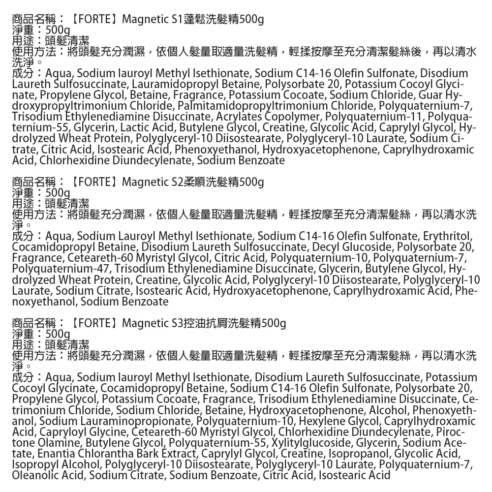 【FORTE 台塑生醫】Magnetic S1蓬鬆/S2柔順/S3控油抗屑洗髮精500g 任選3入