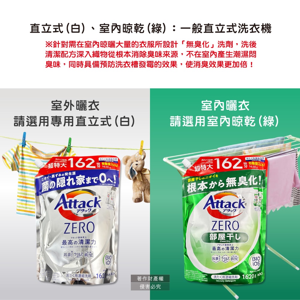 【日本花王KAO】Attack ZERO極淨超濃縮洗衣精補充包1620g/袋(最高清潔力Bio IOS洗淨因子,衣物除臭香氛,直立式/滾筒式/室內晾曬消臭)