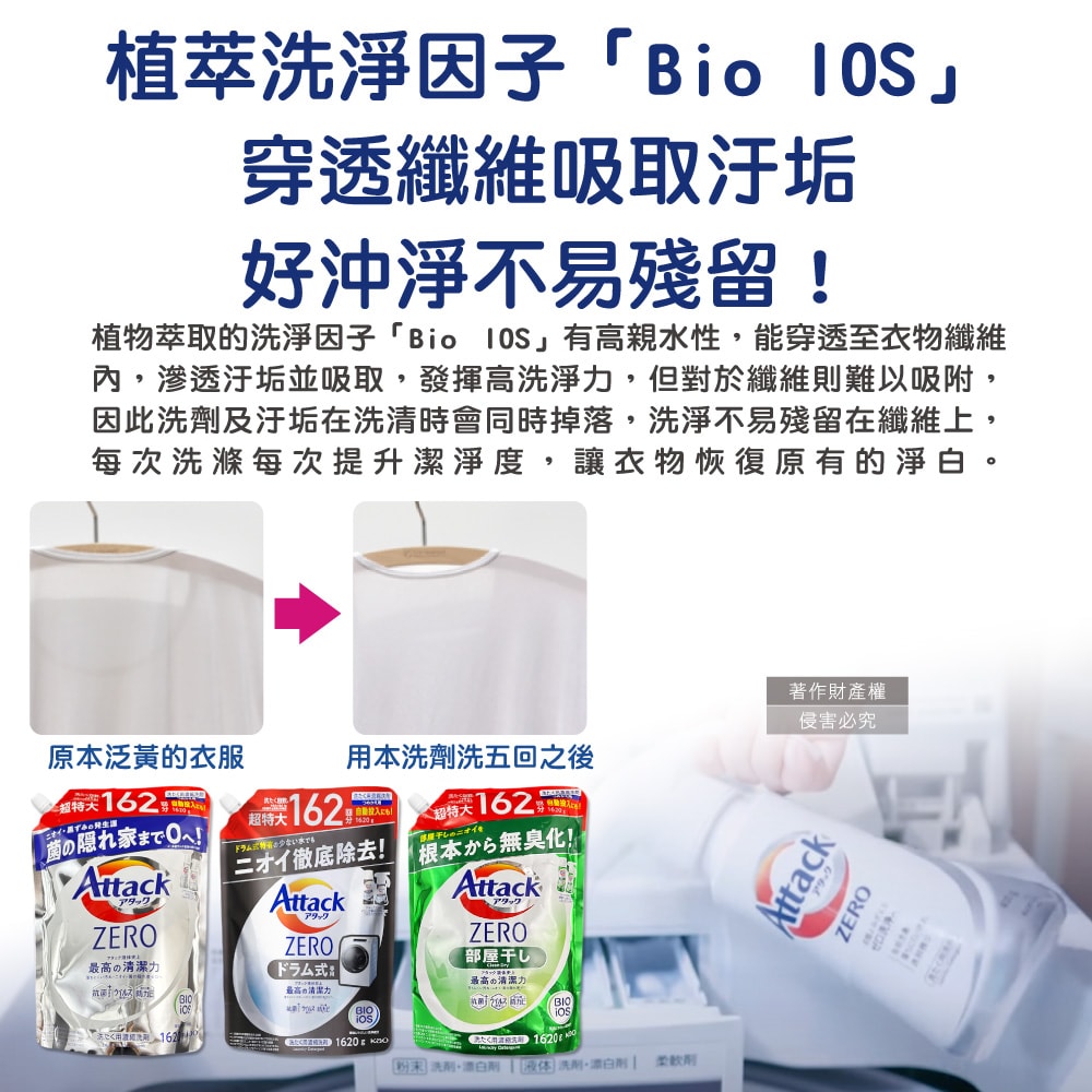 【日本花王KAO】Attack ZERO極淨超濃縮洗衣精補充包1620g/袋(最高清潔力Bio IOS洗淨因子,衣物除臭香氛,直立式/滾筒式/室內晾曬消臭)