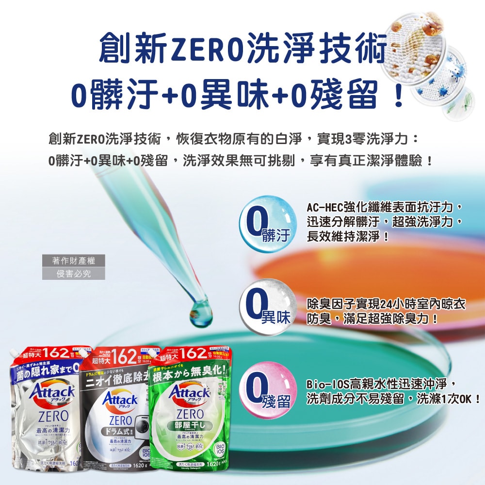 【日本花王KAO】Attack ZERO極淨超濃縮洗衣精補充包1620g/袋(最高清潔力Bio IOS洗淨因子,衣物除臭香氛,直立式/滾筒式/室內晾曬消臭)