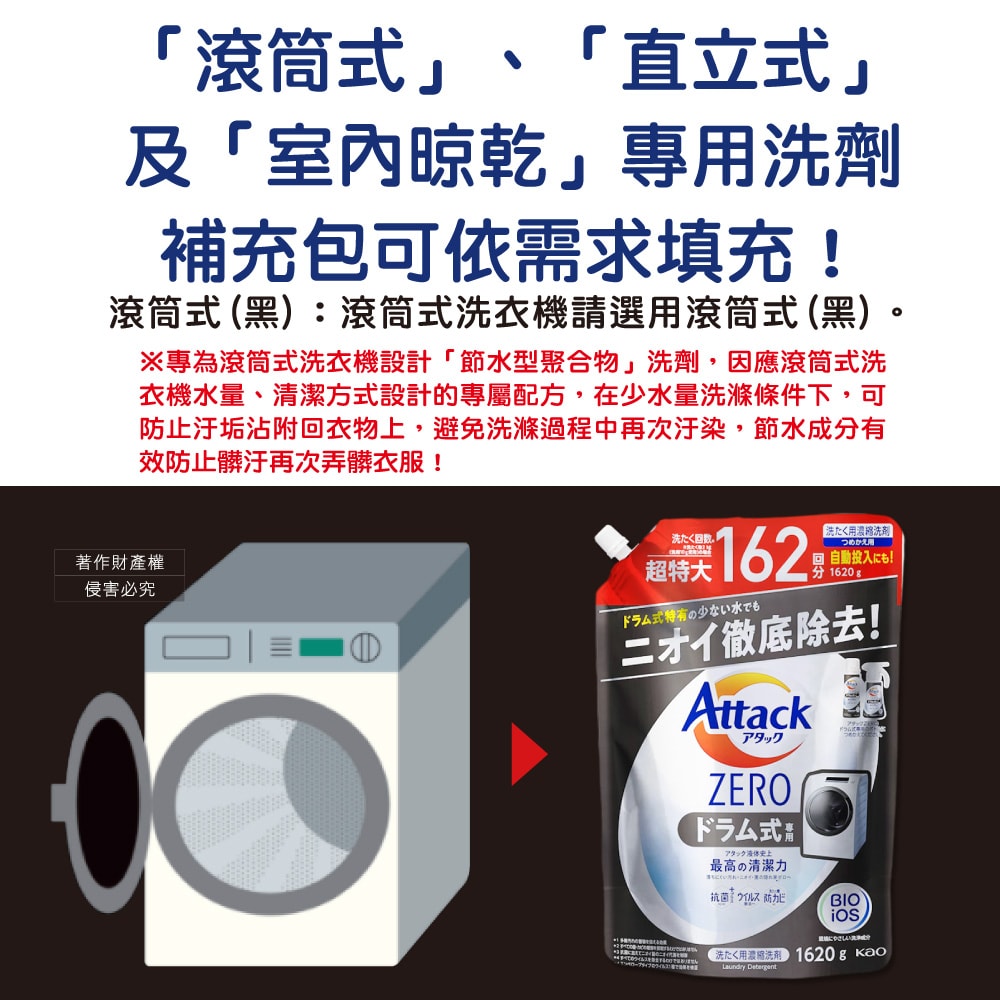【日本花王KAO】Attack ZERO極淨超濃縮洗衣精補充包1620g/袋(最高清潔力Bio IOS洗淨因子,衣物除臭香氛,直立式/滾筒式/室內晾曬消臭)