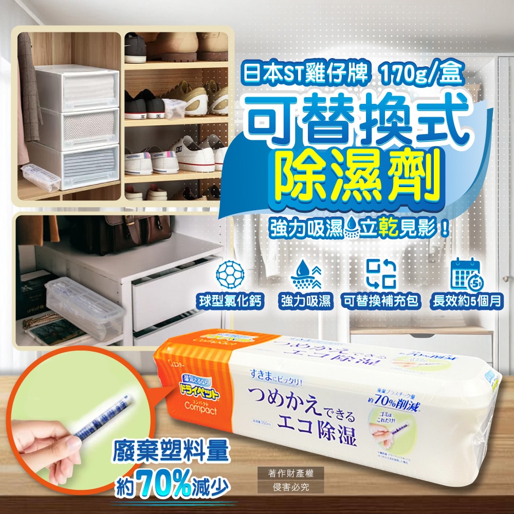 【ST 雞仔牌】防潮脫臭可替換式家庭用除濕劑170g /盒-橘標(Compact放置型集水袋吸濕盒,衣櫥鞋櫃防悶臭乾燥劑,廚房水槽下方密閉處吸水顆粒)