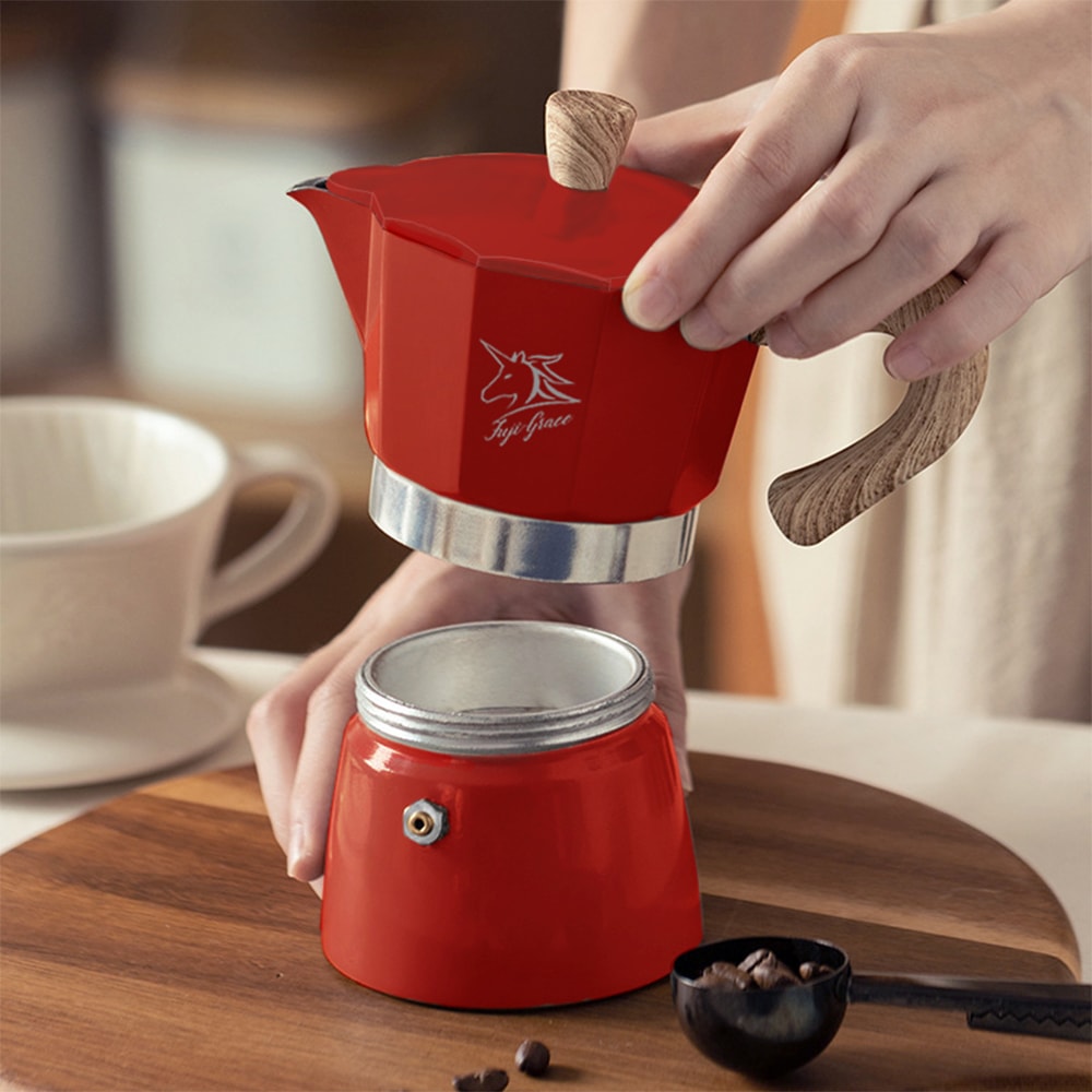 【FUJI-GRACE 日本富士雅麗】經典義式木紋手柄摩卡壺(2杯份)